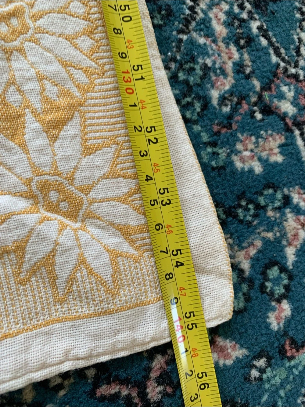 Vintage Yellow Floral Block Print Cotton Tablecloth Throw 55”x47”